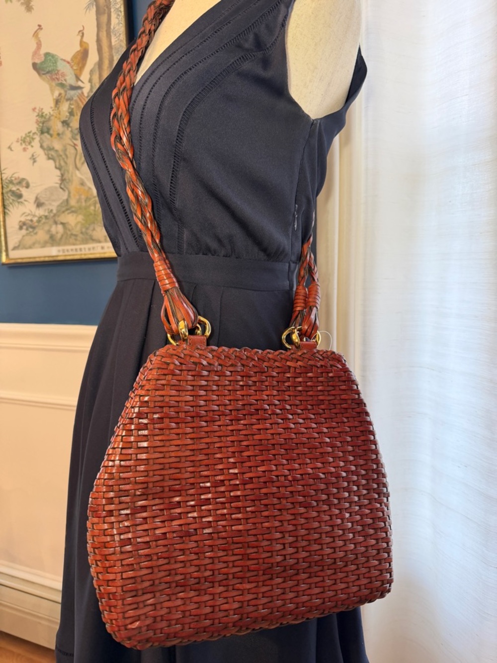 Talbots Woven Leather Crossbody Bag, Rich Brown; Magnetic Close, Braided Straps - Picture 3 of 16
